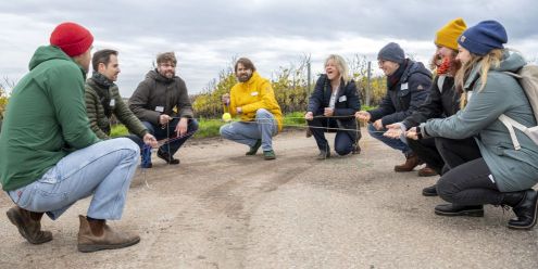 Gruppe Menschen Hält Schnüre, die in der Mitte zusammengehen, wie ein Netz und balanciert damit einen Ball